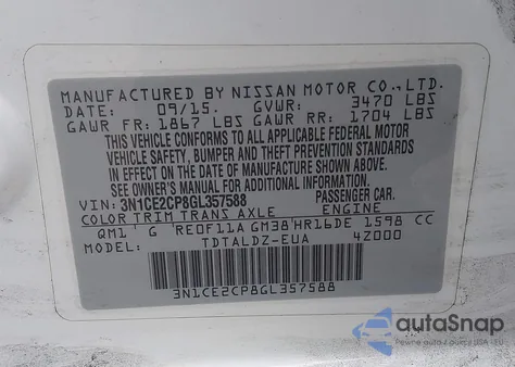 2016 Nissan Versa Note S (Sr)/S Plus/Sl/Sr/Sv z USA, uszkodzony, nr VIN 3N1CE2CP8GL357588